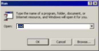 Type 'cmd' (WinNT/2000/XP) or 'command' (Win9x/Me) and click 'OK.'